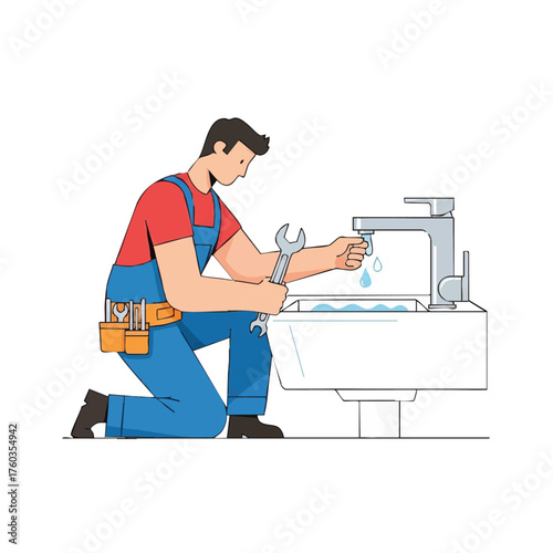 A male plumber in blue overalls kneels to fix a dripping faucet with a wrench, emphasizing home repair and plumbing services.