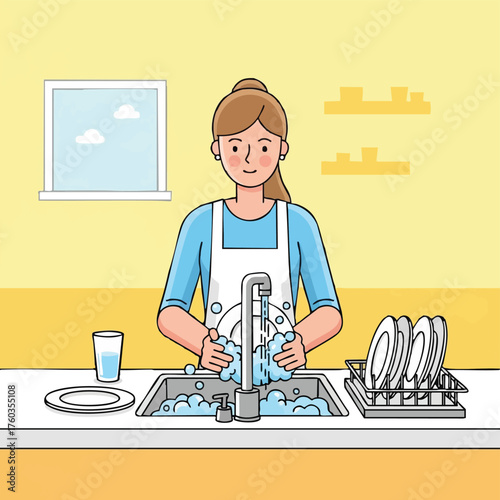 A woman wearing an apron washes dishes in a kitchen sink, creating suds and keeping the kitchen clean daily, with plates.