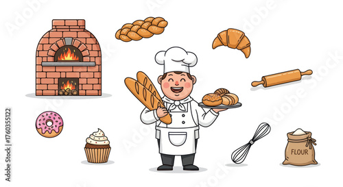 Smiling Baker Holding Bread with Oven Croissant and Baking Tools Illustration.