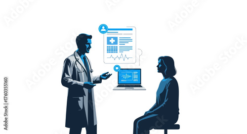 A doctor silhouette explains digital health records on a futuristic interface to a seated patient.