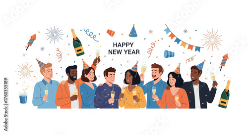 Diverse group of people celebrating New Years Eve with champagne and party hats.