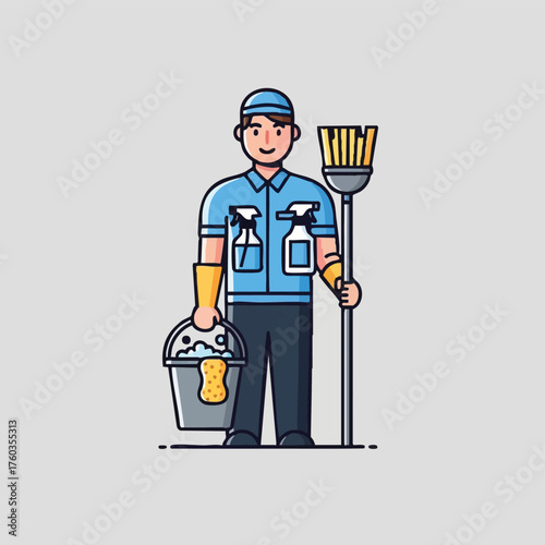 A cheerful cartoon janitor stands ready with cleaning supplies, including a bucket, spray bottles, and a broom, for a spotless environment.