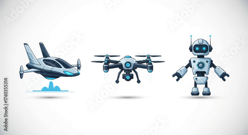 Futuristic Flying Vehicle Drone and Robot Trio.