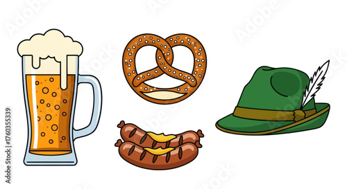 Vector Illustration of Beer Pretzel Sausage and Hat.