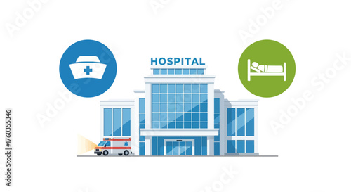 Modern Hospital Building with Medical Icons and Ambulance.