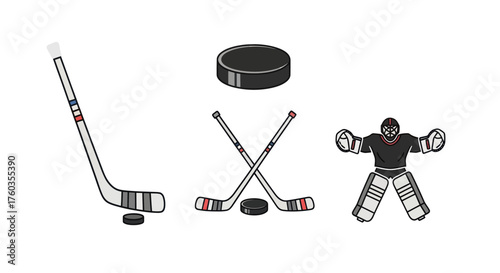 Ice Hockey Equipment Collection: Sticks Pucks and Goalie Gear Illustration.