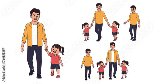 Father and Daughter Walking Together Holding Hands Smiling.