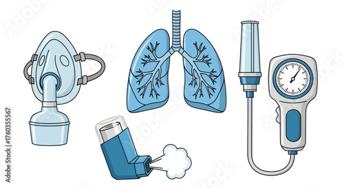 Medical Equipment for Respiratory Support: Oxygen Mask Lungs Inhaler and Peak Flow Meter.