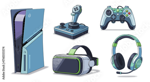 Illustrated set of modern video game equipment including a console controller joystick VR headset and headphones.