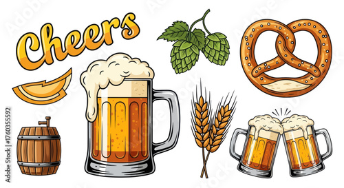 Hand-drawn illustration of a frothy beer mug with handle and foam.