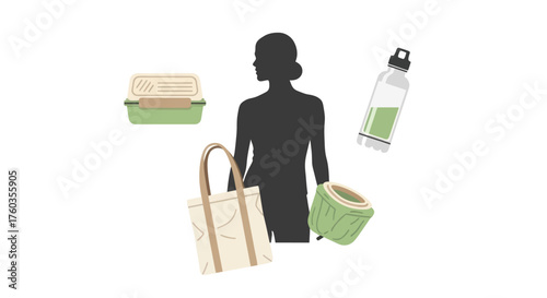 Silhouette of a person with reusable lunch containers tote bag and water bottle.