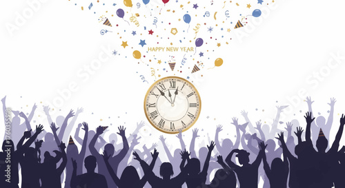 Festive Crowd Celebrating Under a Burst of Confetti and a Vintage Clock.