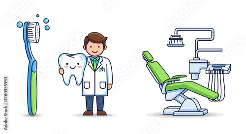 Cartoon Dentist Holding Smiling Tooth with Dental Chair and Toothbrush.