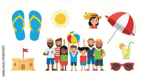 Diverse Group of People Enjoying a Sunny Beach Day with Accessories.