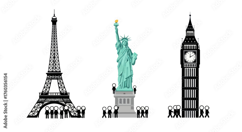 Obraz premium Famous Landmarks: Eiffel Tower Statue of Liberty and Big Ben with People.