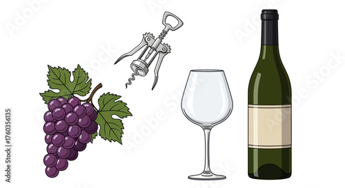 Illustration of Wine Bottle Glass Grapes and Corkscrew.