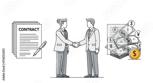 Businessmen shaking hands sealing a contract deal with money and financial symbols illustration.