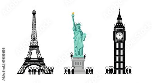 Famous Landmarks: Eiffel Tower Statue of Liberty and Big Ben with People.