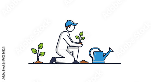 Person planting a small green seedling with watering can symbolizing gardening.