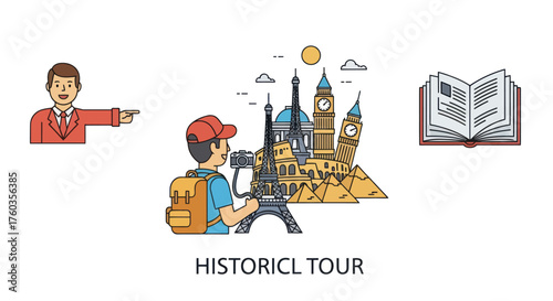 Tourist with Camera and Iconic Landmarks Learning from Book.