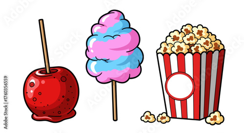 Cartoon Candy Apple Cotton Candy and Popcorn Illustration.