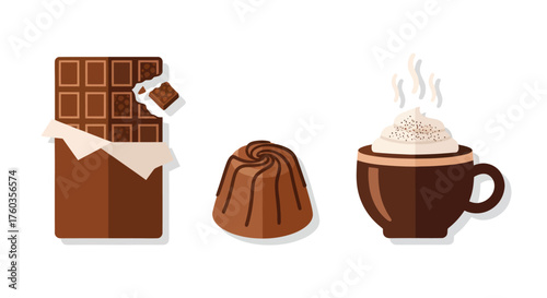 Delicious Chocolate Bar Sweet Pastry and Steaming Hot Chocolate Drink.