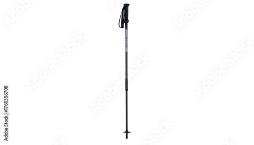Single dark adjustable hiking pole on isolated black background