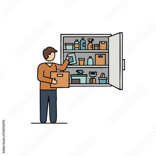 A person organizing supplies inside a storage cabinet, illustrating tidiness and the concept of home organization in a clean, modern design.