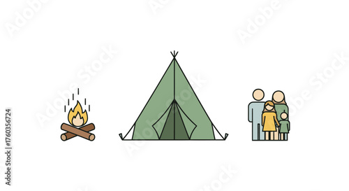 Camping Scene with Tent Bonfire and Family Illustration.
