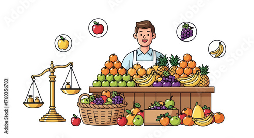 Fruit Stand Vendor with Fresh Produce Display and Balancing Scales Illustration.