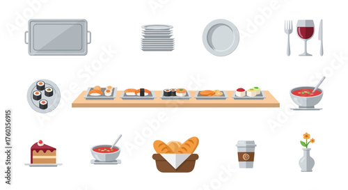 Assortment of Food and Dining Items Displayed on White Background.
