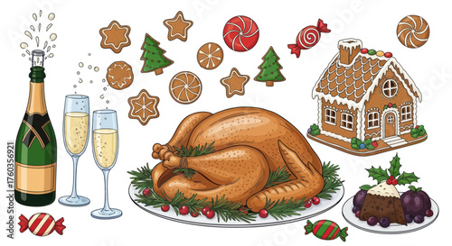 Festive Christmas Dinner Spread with Roasted Turkey and Decorations.