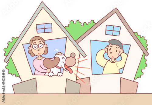 社会問題のイラスト - 近隣トラブル・ペット騒音・飼い犬・鳴き声