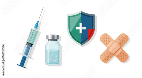 Medical Vaccination Set: Syringe Vial Shield and Bandage.