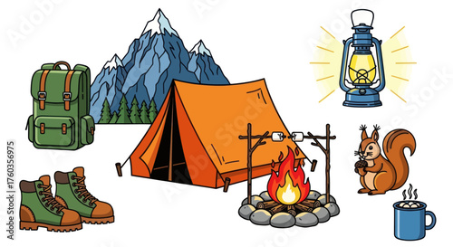 Camping Gear and Outdoor Scene with Tent Fire and Squirrel.