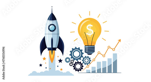 Rocket Launching with Bright Idea Lightbulb and Business Growth Chart.