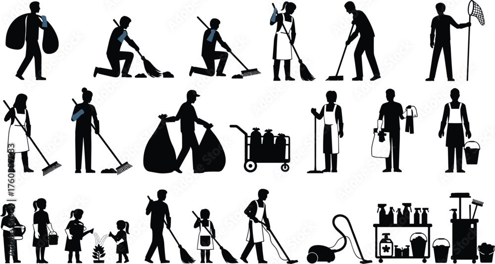 Obraz premium Cleaning worker silhouettes, janitor with mop, broom, vacuum cleaner, spray bottle, trash bag, cleaning cart, domestic chores, cad drawing flat vector illustration