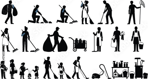 Cleaning worker silhouettes, janitor with mop, broom, vacuum cleaner, spray bottle, trash bag, cleaning cart, domestic chores, cad drawing flat vector illustration