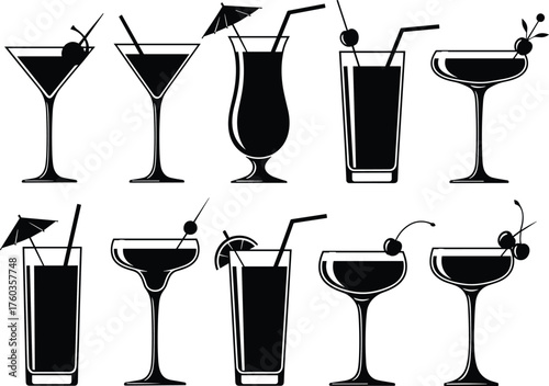 Cocktail glass silhouettes, martini, margarita, highball, coupe, hurricane, tropical drinks, garnished beverages, bar menu design, cad drawing flat vector illustration