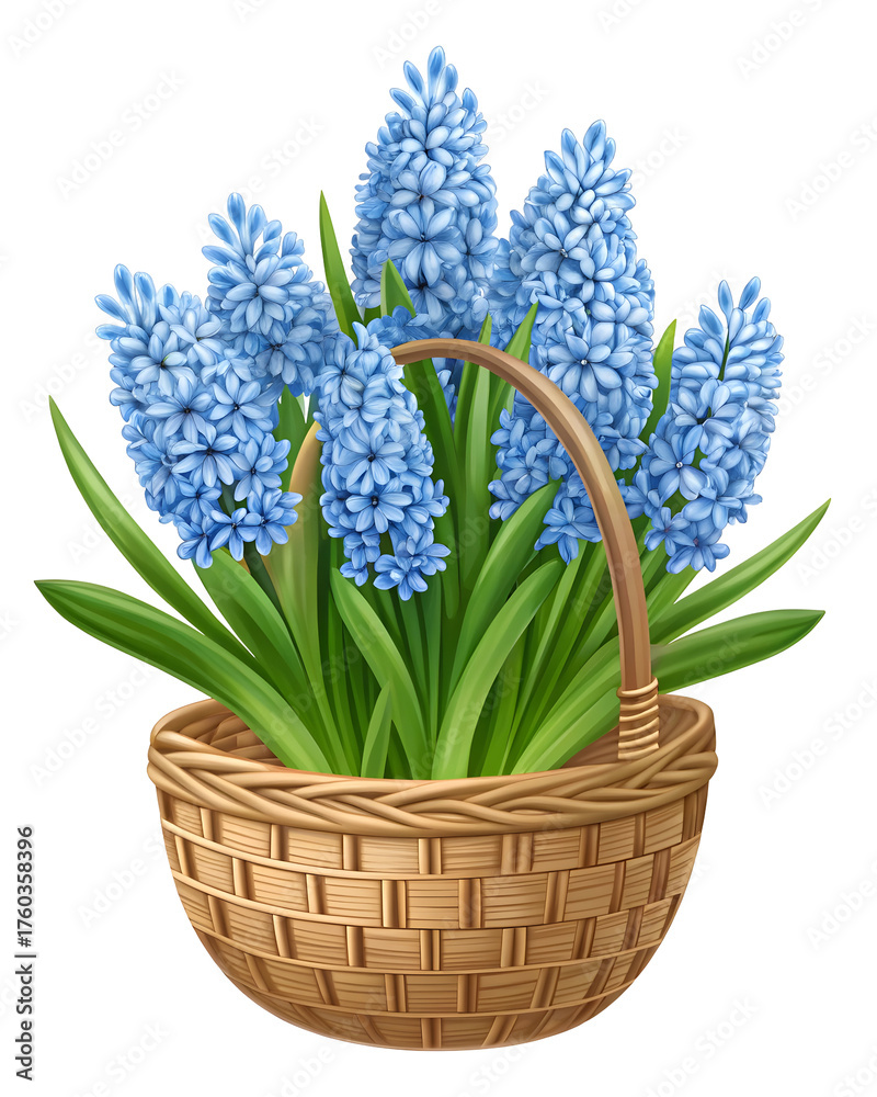 Obraz premium Hyacinth flowers in a woven basket isolated on transparent background, a spring bouquet