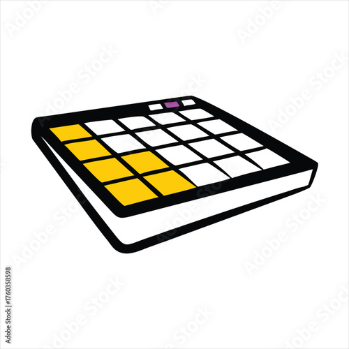 Black music production controller with yellow and purple pads on white background drum machine sampler