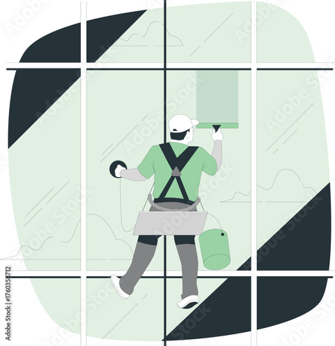 Window cleaner suspended by ropes, cleaning a large window pane building maintenance high-rise cleaning