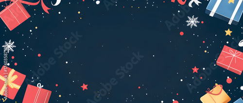 Christmas background with present boxes, decorations, and snowflakes on a dark blue background. Christmas card concept. 