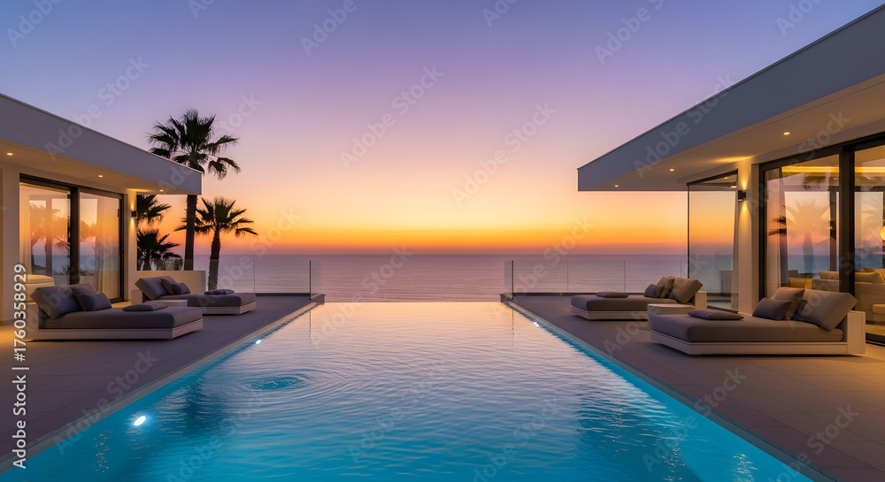 Fototapeta premium Infinity pool overlooking the ocean at sunset with palm trees and modern architecture villas view