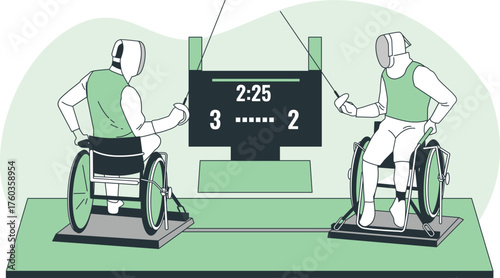 Two wheelchair fencers compete in a match with a scoreboard displaying the score fencing wheelchair fencing