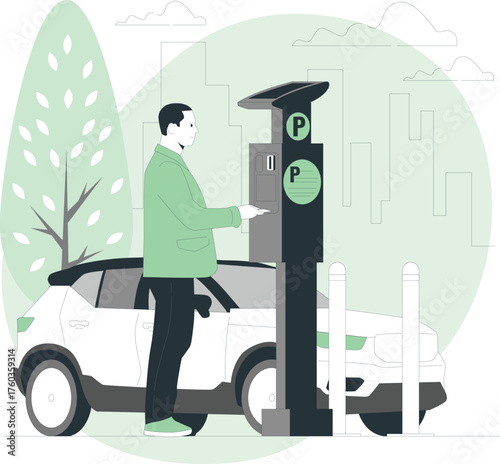 Man paying for parking at an automated machine next to a car payment automobile