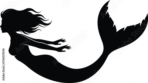 Mermaid silhouette illustration, mythical sea creature, fantasy artwork, ocean folklore, aquatic woman design, swimming pose, long hair, cad drawing flat vector illustration