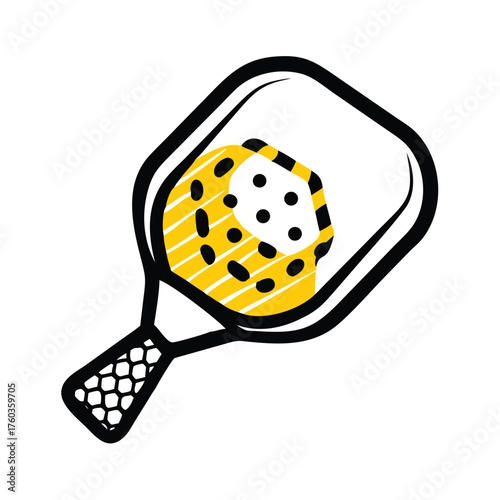 Yellow and black abstract graphic of a pickleball paddle hitting a ball sport game