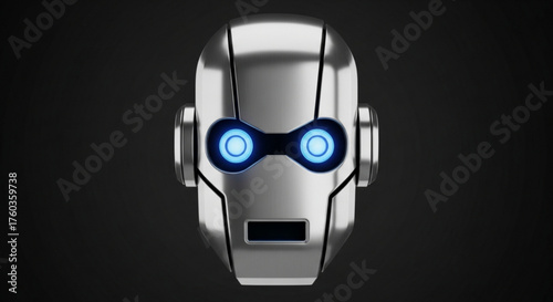 A futuristic robot head with glowing blue eyes on a dark background, showcasing advanced technology and artificial intelligence