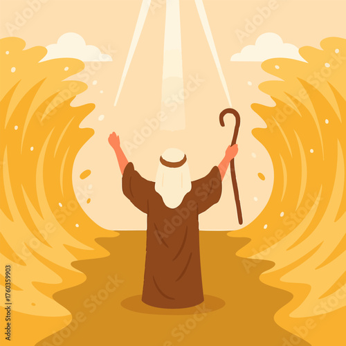 Prophet Parting the Sea Flat Religious Vector Illustration